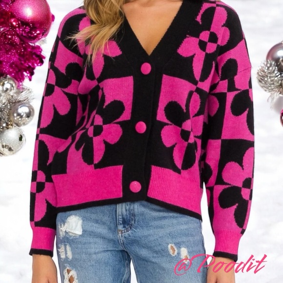 ENTRO Cute fuchsia and black cardigan S M L - Picture 1 of 7